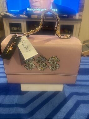 Pink Vegan Leather Satchel with Crystal Dollar Accents